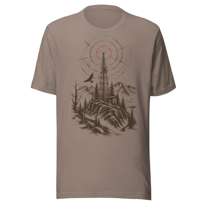 Pebble colorway dead signal graphic tee showing an off grid communications tower illustration with red signal rings