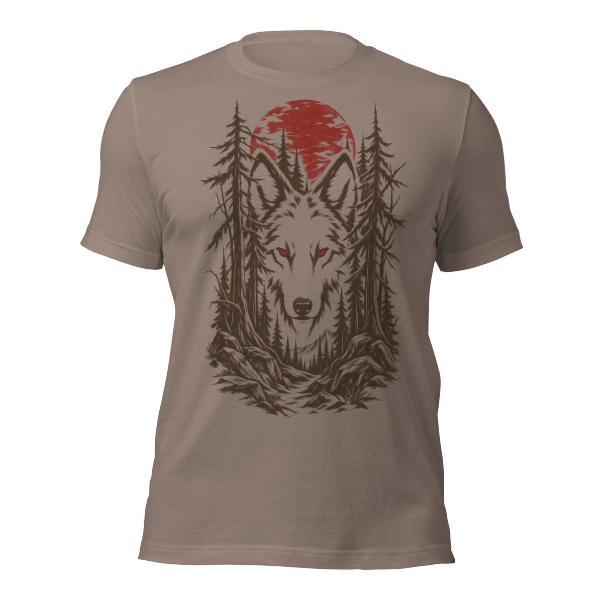 The Watcher t-shirt in pebble grey featuring a wolf face emerging from a pine forest under a red moon with red eyes