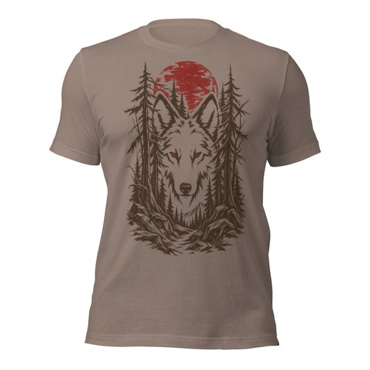 The Watcher t-shirt in pebble grey featuring a wolf face emerging from a pine forest under a red moon with red eyes