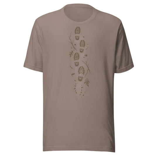 No Way Back t-shirt in pebble tan colorway showing the same bootprint trail graphic through fallen branches and stones