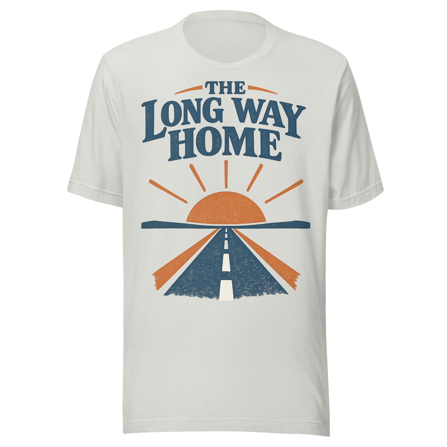 The Long Way Home retro open-road graphic tee in this colorway, navy and burnt orange sunrise and highway design from No 925