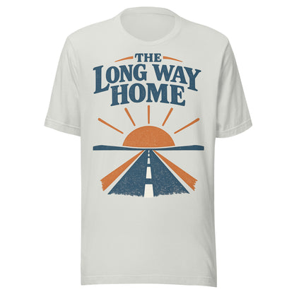 The Long Way Home retro open-road graphic tee in this colorway, navy and burnt orange sunrise and highway design from No 925