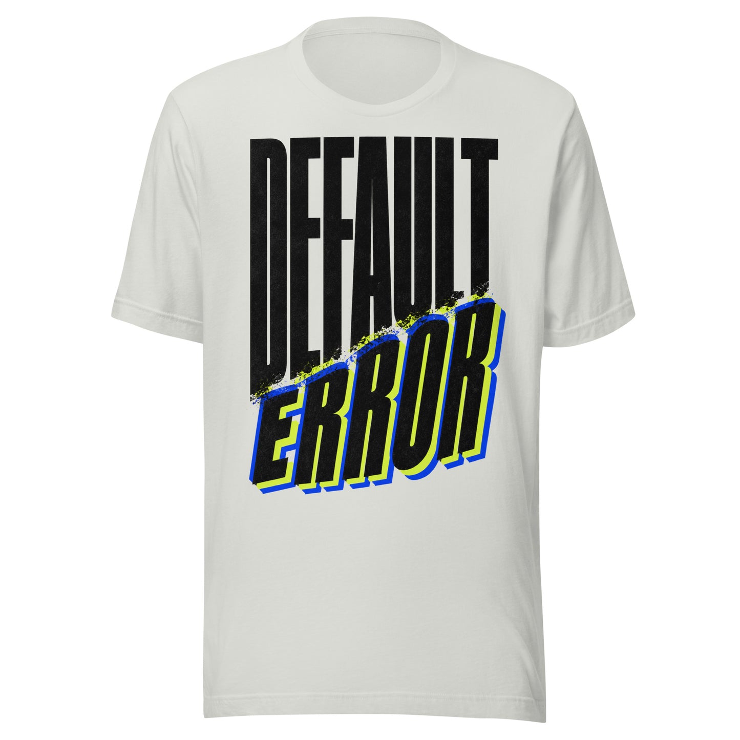Default Error graphic tee in athletic heather with DEFAULT in tall black type and ERROR breaking away on a diagonal in lime green and blue