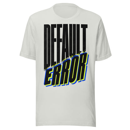 Default Error graphic tee in athletic heather with DEFAULT in tall black type and ERROR breaking away on a diagonal in lime green and blue