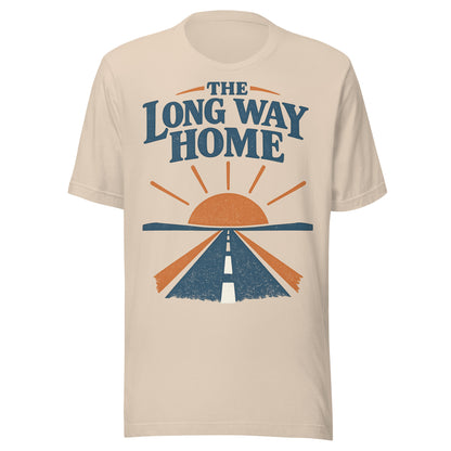 The Long Way Home retro open-road graphic tee in cream, navy and burnt orange sunrise and highway design from No 925