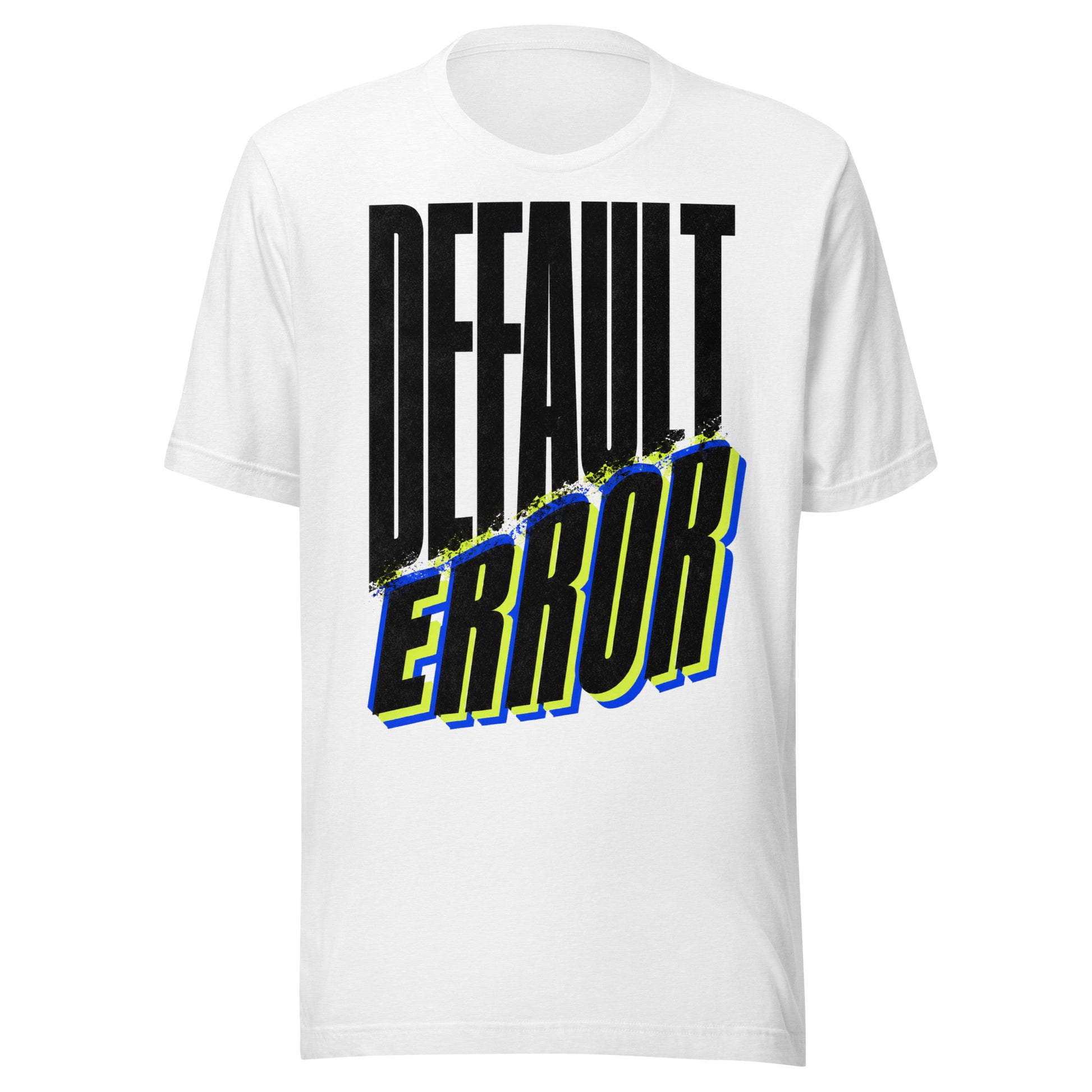 Default Error graphic tee in athletic heather with DEFAULT in tall black type and ERROR breaking away on a diagonal in lime green and blue