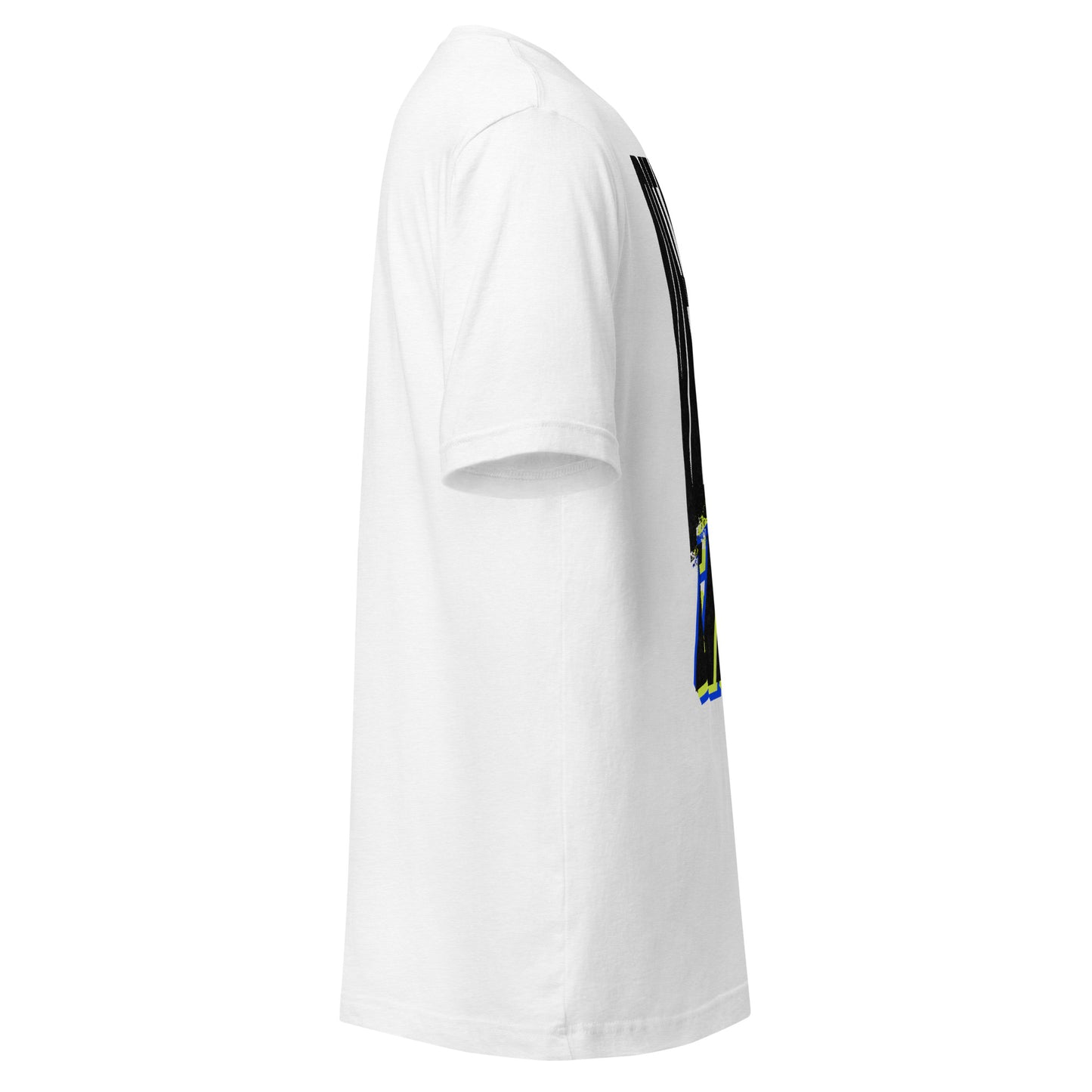 Default Error graphic tee in athletic heather with DEFAULT in tall black type and ERROR breaking away on a diagonal in lime green and blue