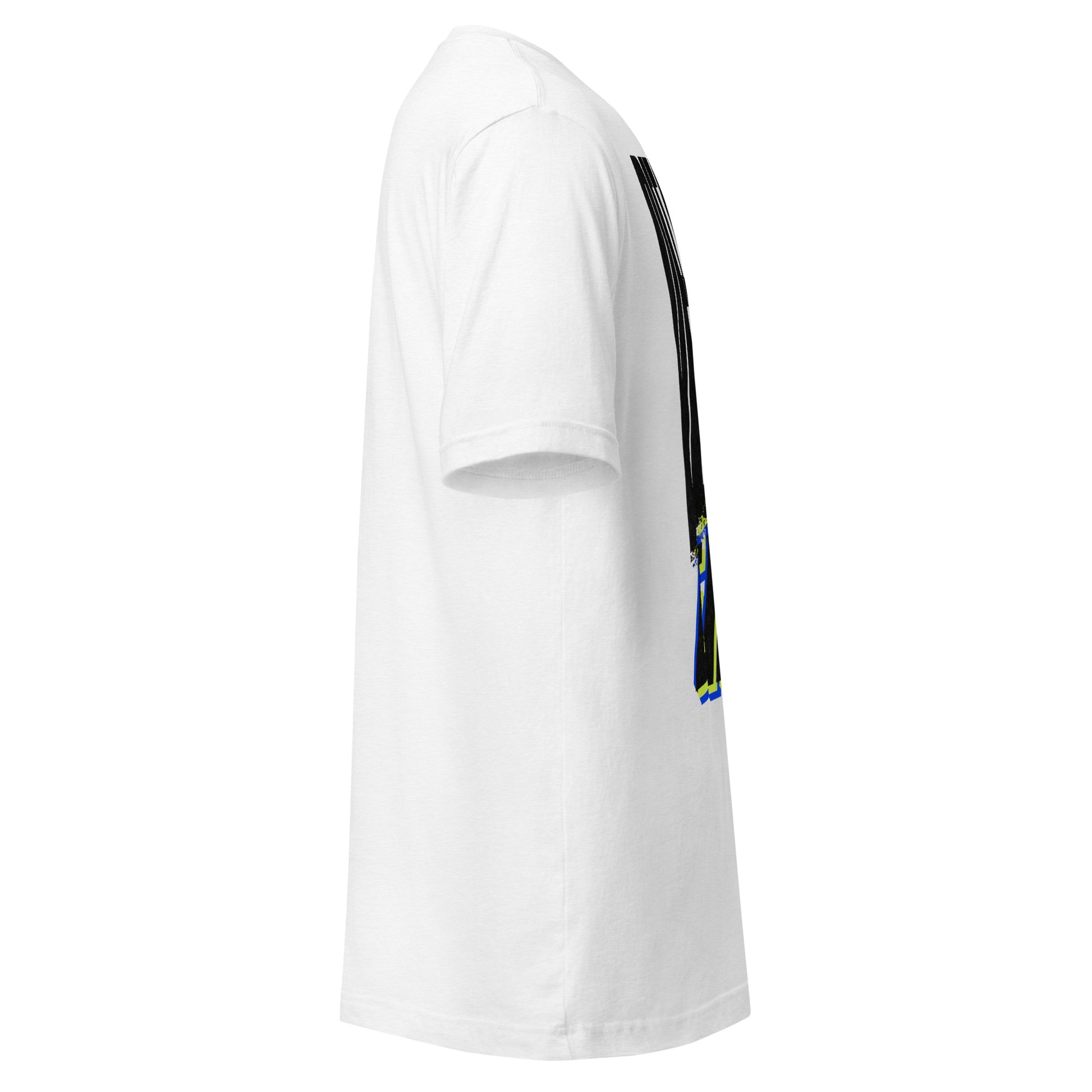 Default Error graphic tee in athletic heather with DEFAULT in tall black type and ERROR breaking away on a diagonal in lime green and blue