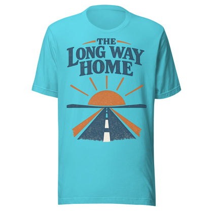 The Long Way Home retro open-road graphic tee in turquoise, navy and burnt orange sunrise and highway design from No 925