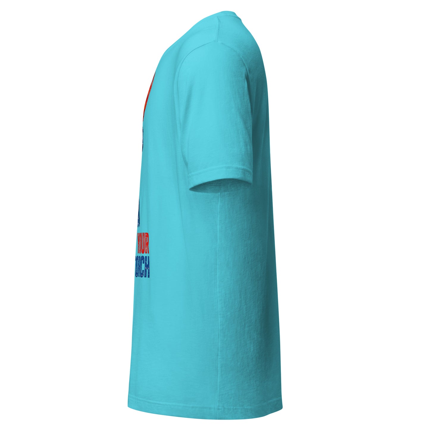 Carry Your Own Torch patriotic graphic tee in turquoise, Statue of Liberty torch with red flame and navy slogan from No 925