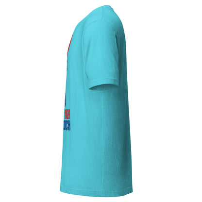 Carry Your Own Torch patriotic graphic tee in turquoise, Statue of Liberty torch with red flame and navy slogan from No 925