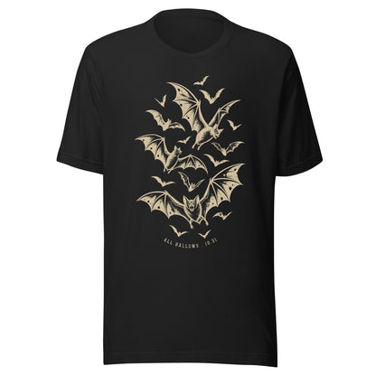 All hallows 10.31 unisex t-shirt in vintage black with a bat swarm graphic and date lettering