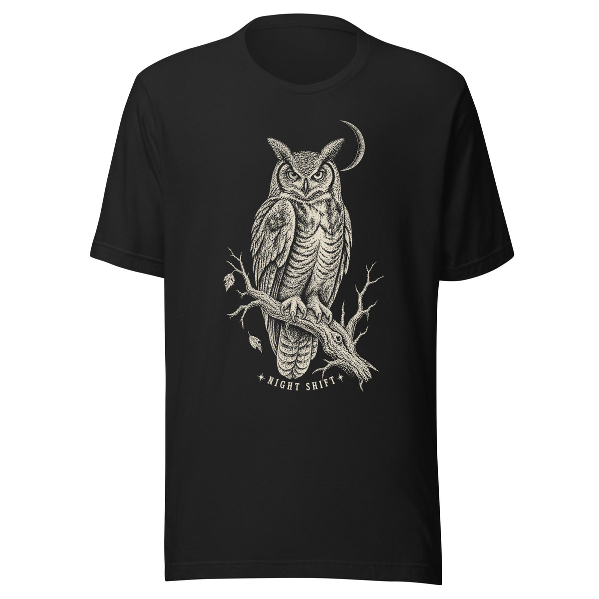 Night shift unisex t-shirt in vintage black featuring a great horned owl and moon chest print