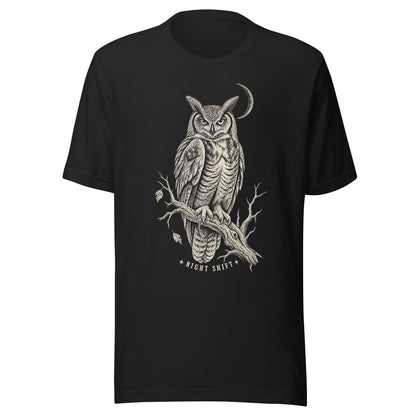 Night shift unisex t-shirt in vintage black featuring a great horned owl and moon chest print