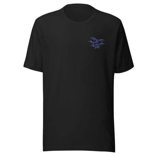 Cluster of Bats unisex t-shirt in vintage black showing the navy and grey embroidered bat cluster up close