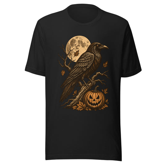 Vintage black midnight omen graphic tee featuring a raven, glowing full moon, and carved jack-o-lantern design