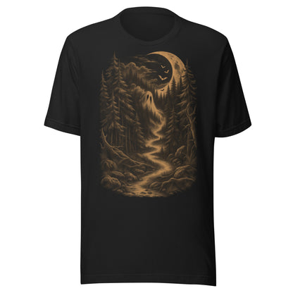 Vintage black hollow trail graphic tee featuring a haunted forest scene with bats and a moonlit trail