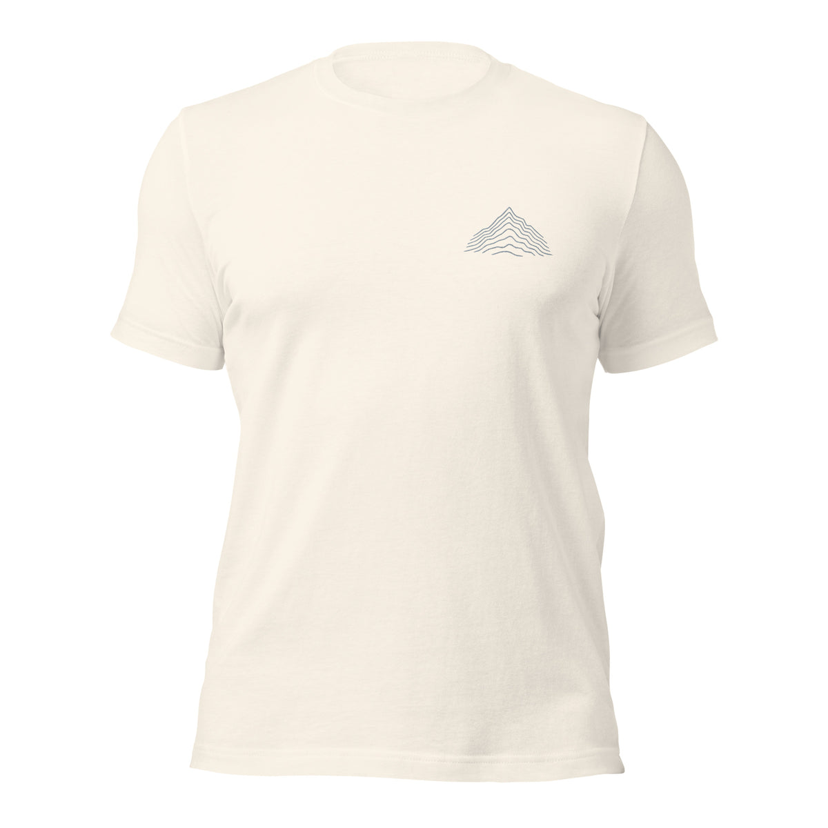 Vintage white unisex t-shirt with a small embroidered layered mountain peak design on the left chest