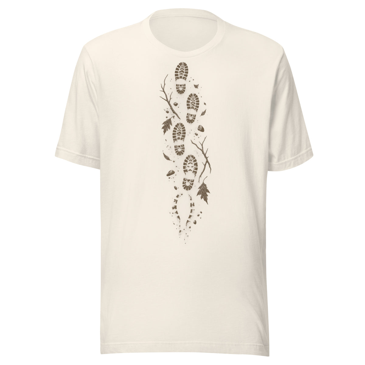 No Way Back t-shirt in vintage white with a vertical muddy bootprint trail through twigs and leaves centered on the chest