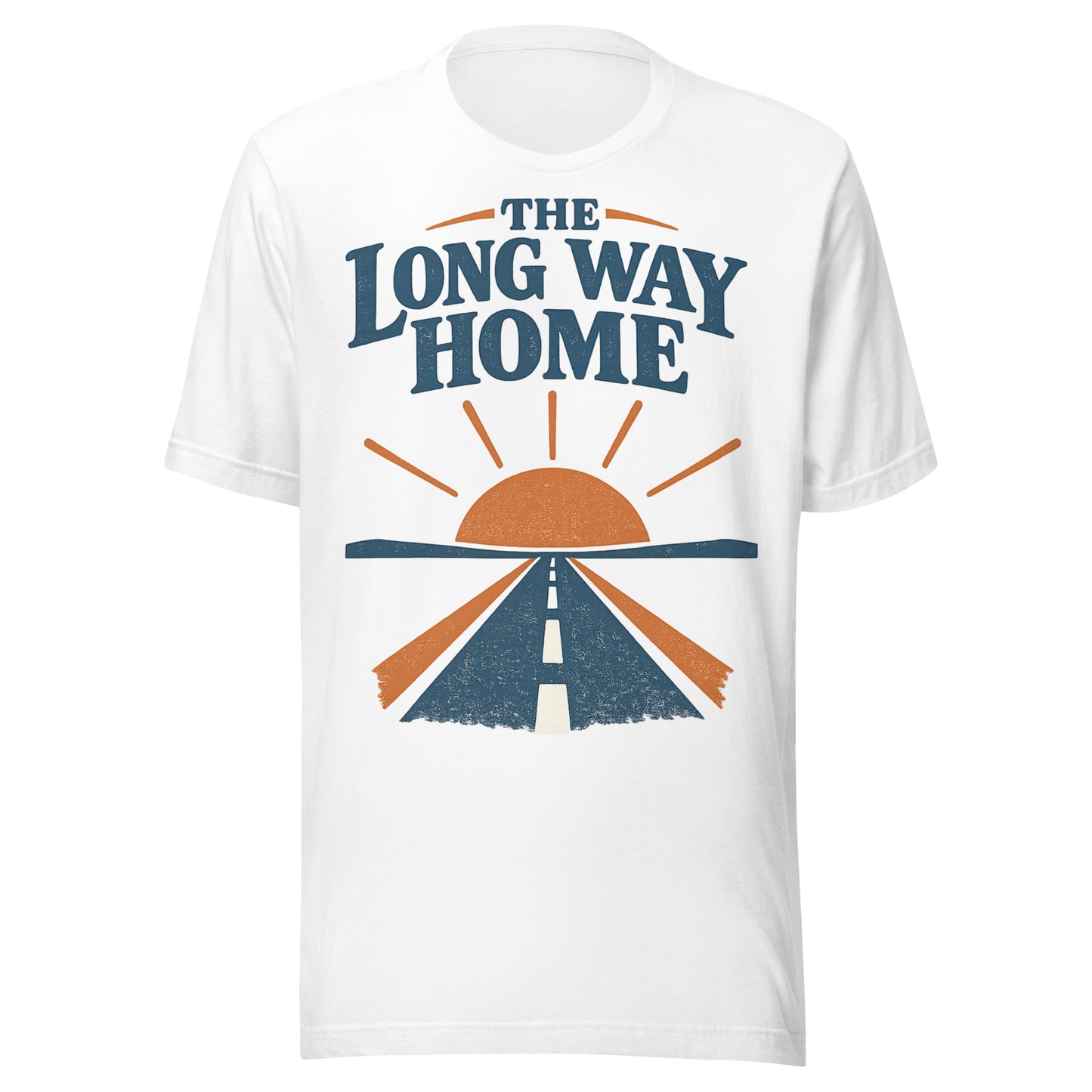 The Long Way Home retro open-road graphic tee in white, navy and burnt orange sunrise and highway design from No 925