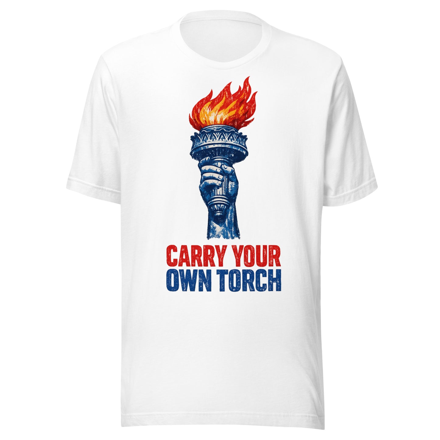 Carry Your Own Torch patriotic graphic tee in white, Statue of Liberty torch with red flame and navy slogan from No 925