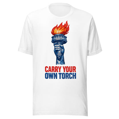 Carry Your Own Torch patriotic graphic tee in white, Statue of Liberty torch with red flame and navy slogan from No 925