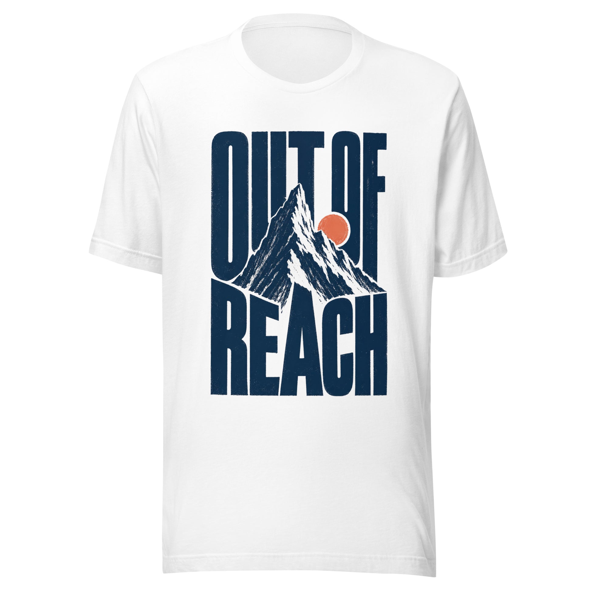 Out of Reach graphic tee in white with OUT OF REACH in tall navy type wrapped around a woodcut mountain peak and an orange rising sun