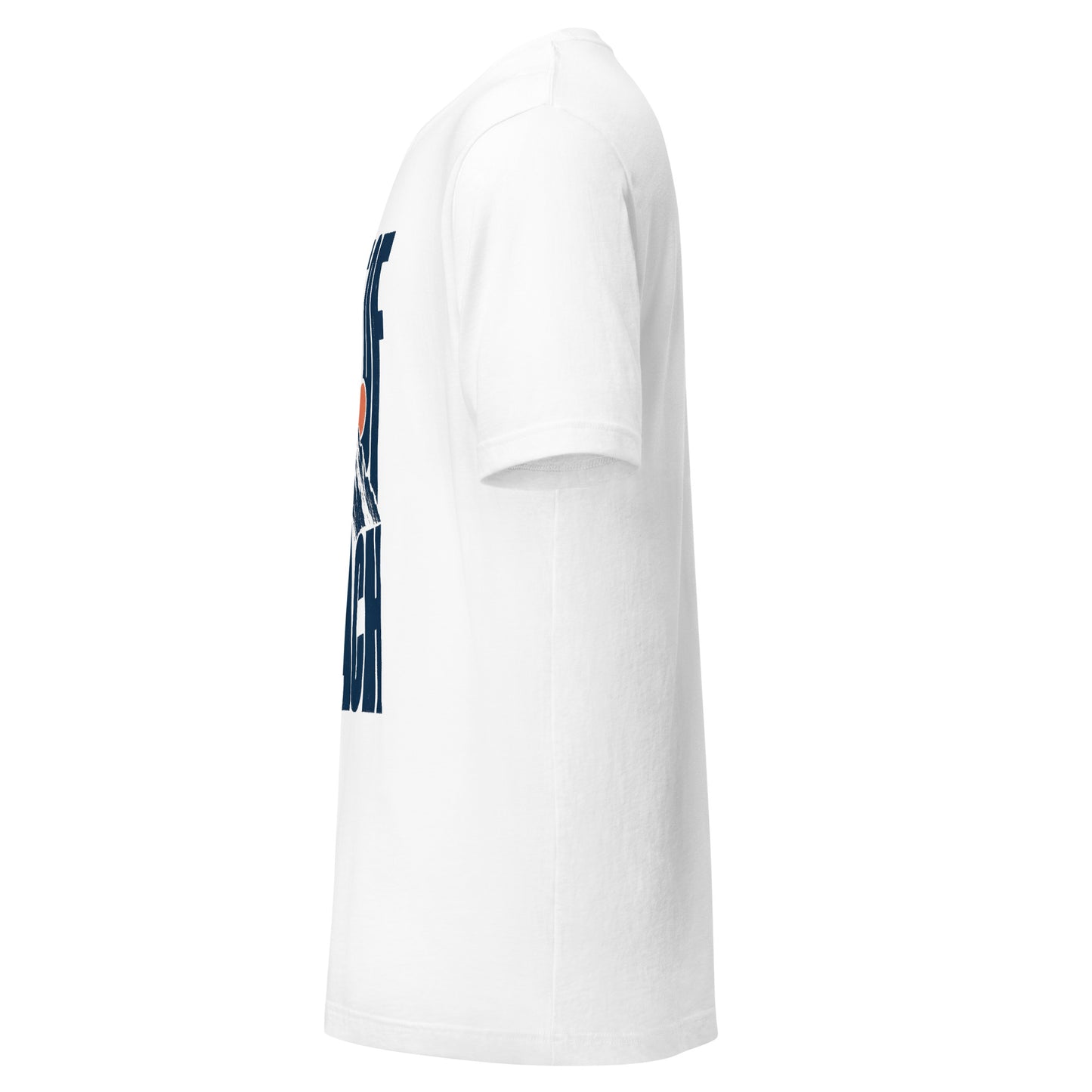 Out of Reach graphic tee in white with OUT OF REACH in tall navy type wrapped around a woodcut mountain peak and an orange rising sun