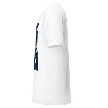 Out of Reach graphic tee in white with OUT OF REACH in tall navy type wrapped around a woodcut mountain peak and an orange rising sun