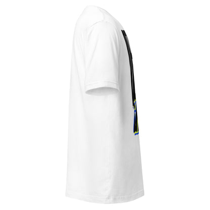 Default Error graphic tee in athletic heather with DEFAULT in tall black type and ERROR breaking away on a diagonal in lime green and blue