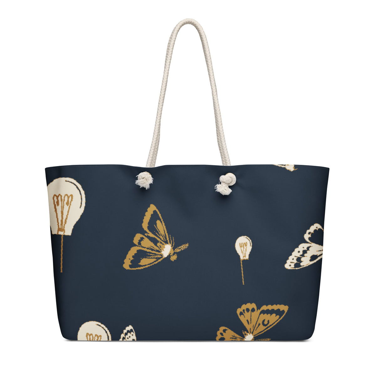 Moth Party Oversized Weekender Bag with deep navy ivory and ochre moth and lightbulb pattern, back view