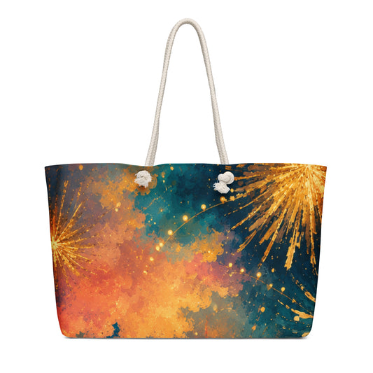 Firework all-over print oversized weekender tote with golden and amber fireworks on a teal and navy night sky and cream rope handles