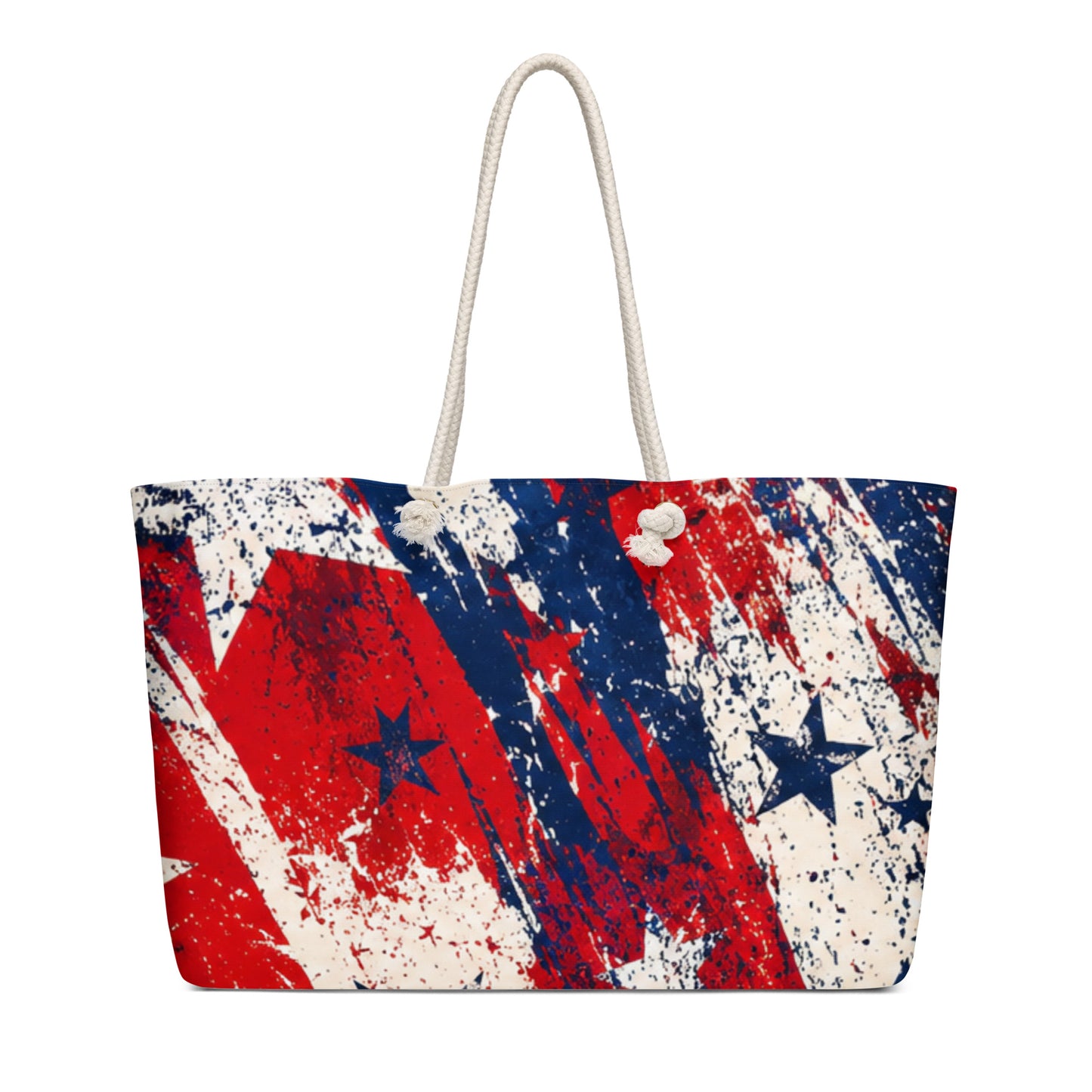 Grunge Stars and Stripes all-over print oversized weekender tote in distressed red, white, and blue with scattered stars and cream rope handles from No 925
