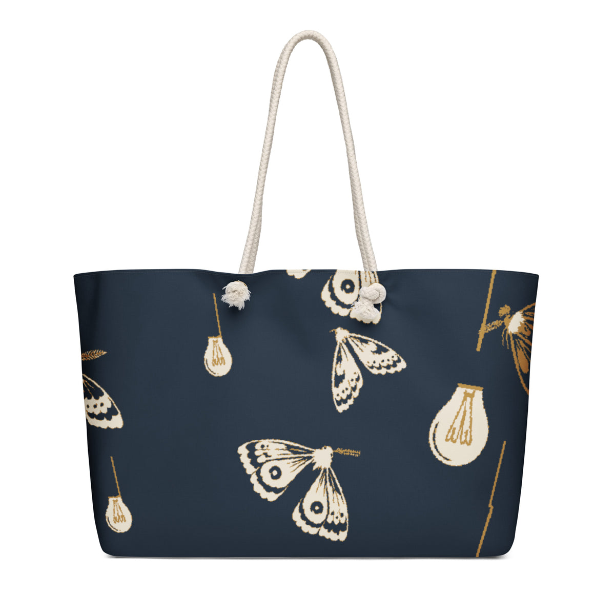 Moth Party Oversized Weekender Bag with deep navy ivory and ochre moth and lightbulb pattern, front view