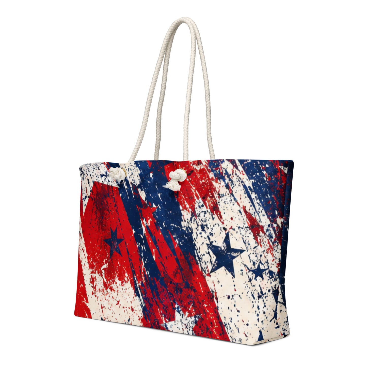 Grunge Stars and Stripes all-over print oversized weekender tote in distressed red, white, and blue with scattered stars and cream rope handles from No 925