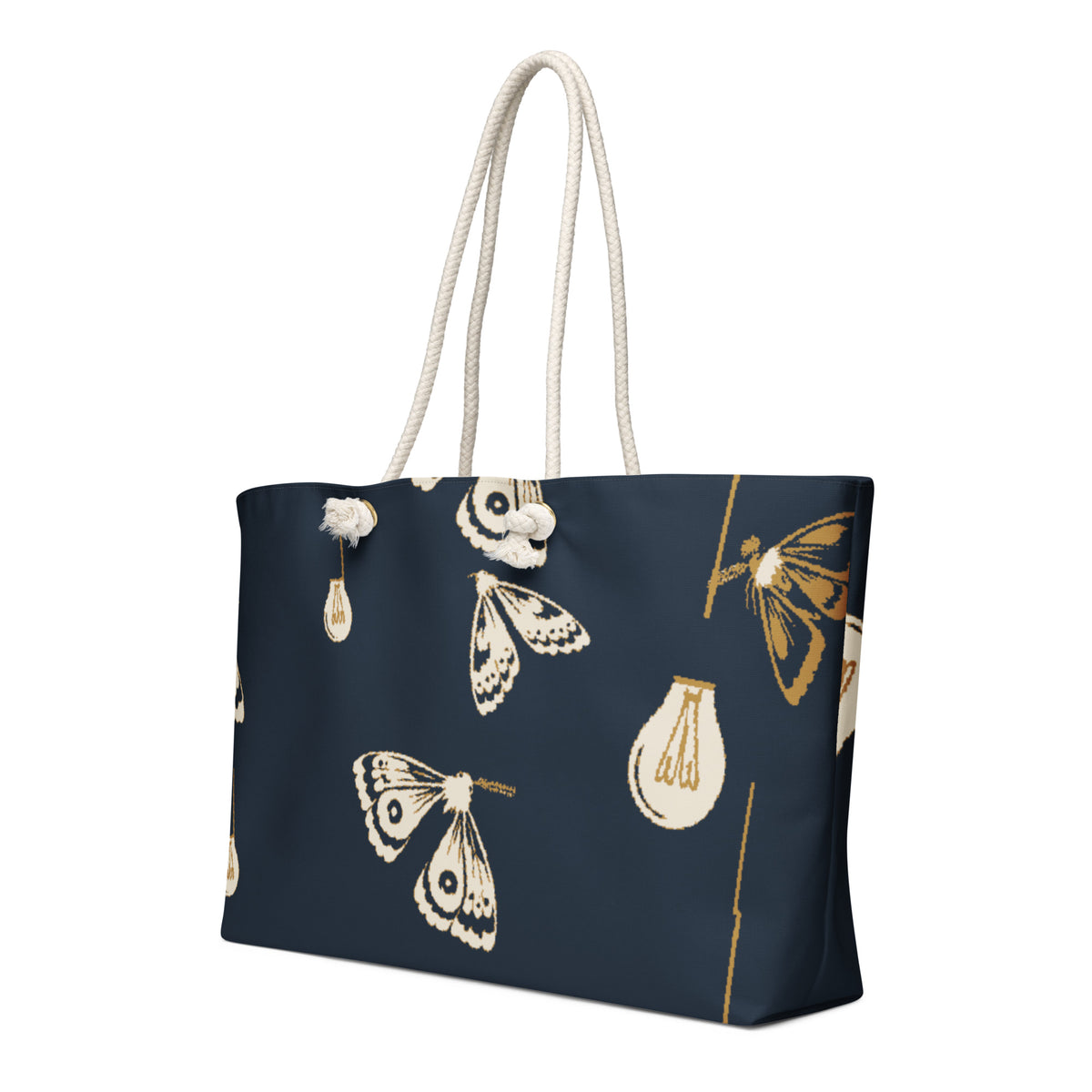 Moth Party Oversized Weekender Bag with deep navy ivory and ochre moth and lightbulb pattern, left front view