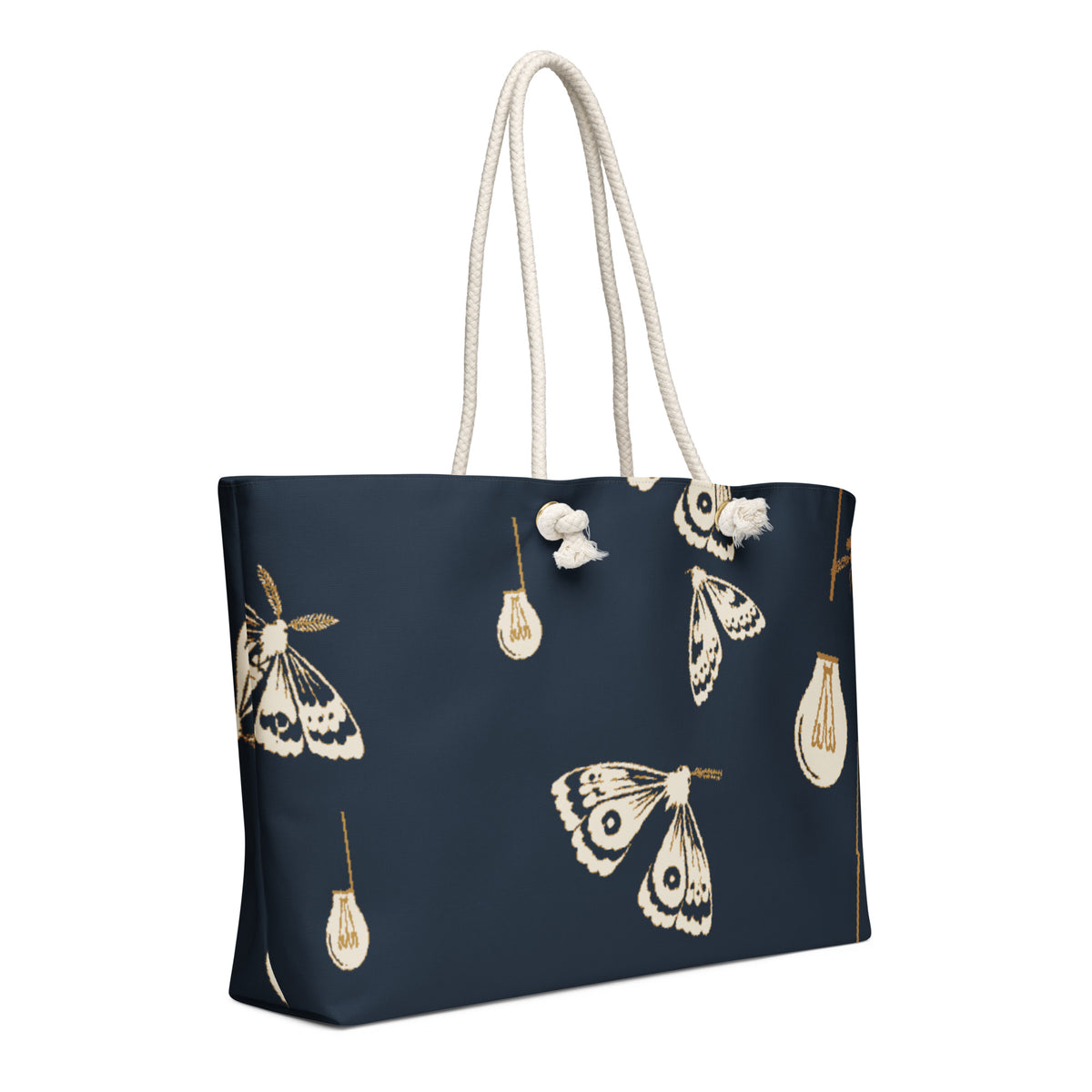 Moth Party Oversized Weekender Bag with deep navy ivory and ochre moth and lightbulb pattern, right front view