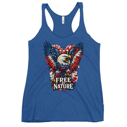 Free By Nature women's racerback tank, a red, white, and blue American bald eagle with wings spread and stars in the feathers over a distressed FREE BY NATURE banner, printed across the front, No 925 made to order 4th of July tank