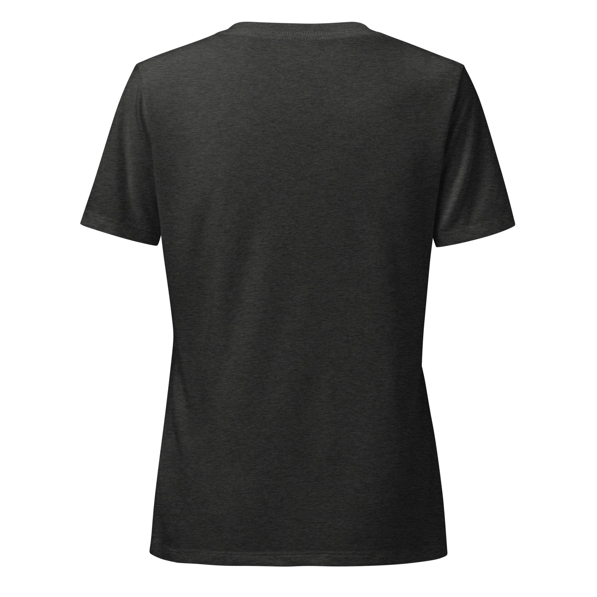 Uncharted women's v-neck tee in black with a cream topographic map opening and purple birds rising from it above the word UNCHARTED