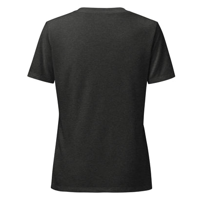 Uncharted women's v-neck tee in black with a cream topographic map opening and purple birds rising from it above the word UNCHARTED