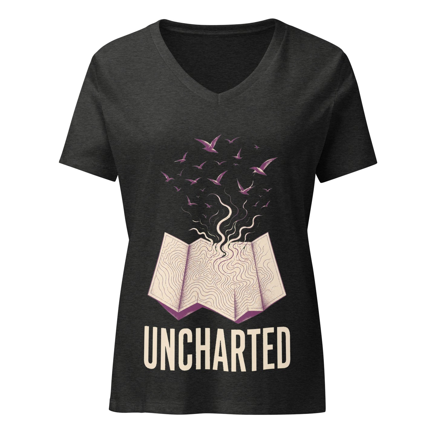 Uncharted women's v-neck tee in black with a cream topographic map opening and purple birds rising from it above the word UNCHARTED