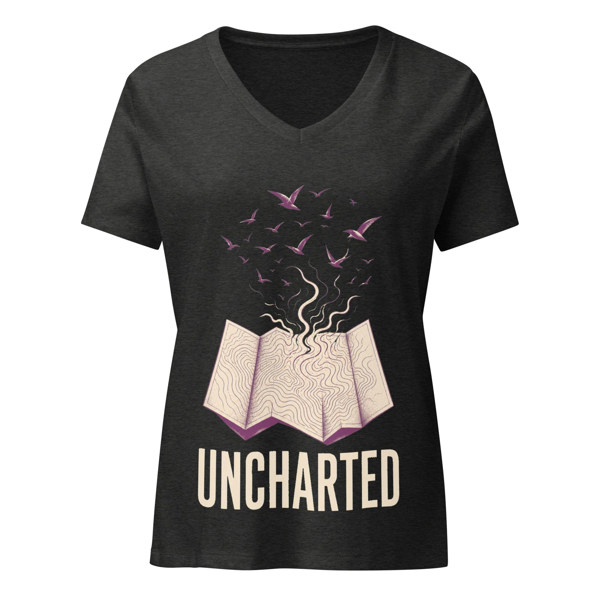 Uncharted women's v-neck tee in black with a cream topographic map opening and purple birds rising from it above the word UNCHARTED