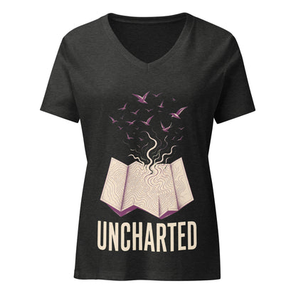 Uncharted women's v-neck tee in black with a cream topographic map opening and purple birds rising from it above the word UNCHARTED