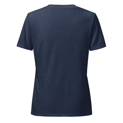 Uncharted women's v-neck tee in black with a cream topographic map opening and purple birds rising from it above the word UNCHARTED