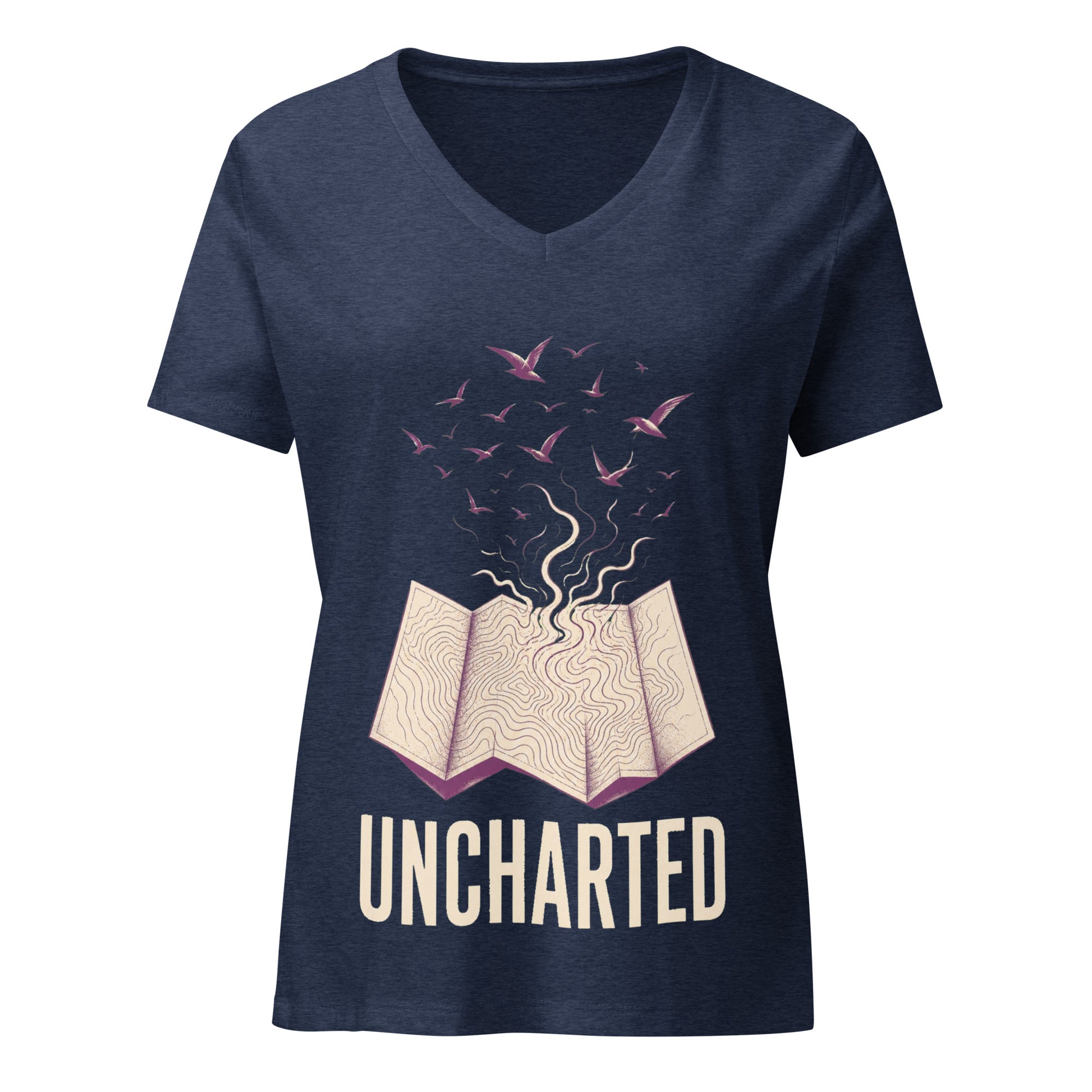Uncharted women's v-neck tee in black with a cream topographic map opening and purple birds rising from it above the word UNCHARTED