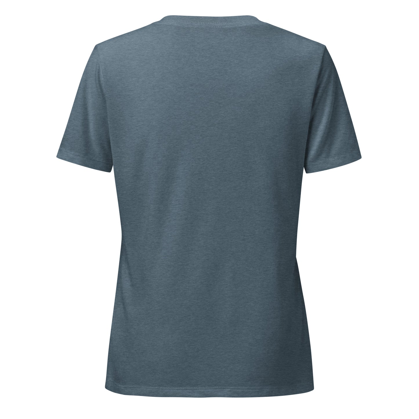 Miles Over Meetings women's v-neck tee in heather slate with a railway track curving through an arched tunnel and silver lettering