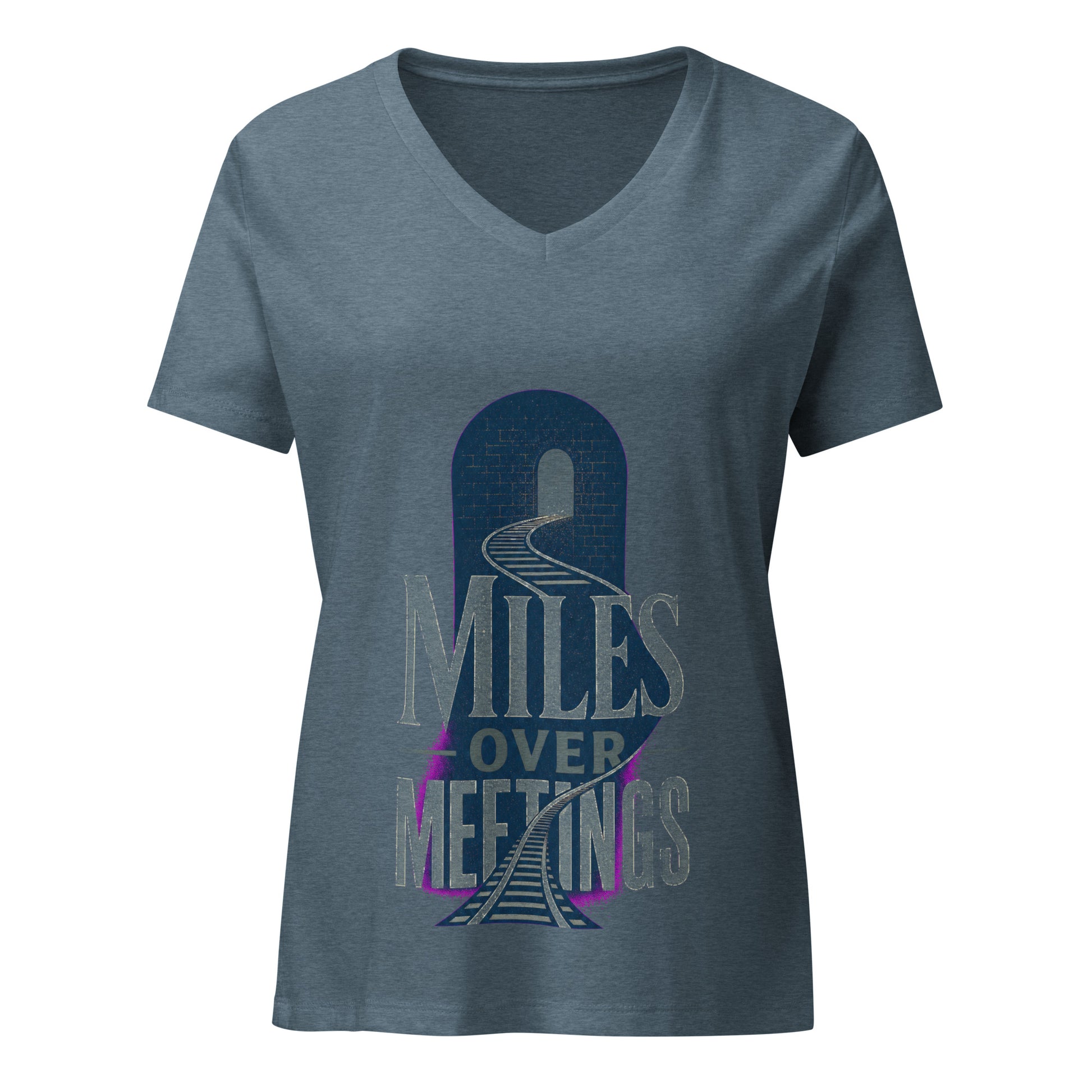 Miles Over Meetings women's v-neck tee in heather slate with a railway track curving through an arched tunnel and silver lettering