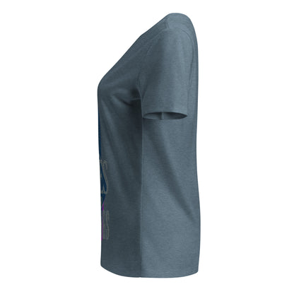 Miles Over Meetings women's v-neck tee in heather slate with a railway track curving through an arched tunnel and silver lettering