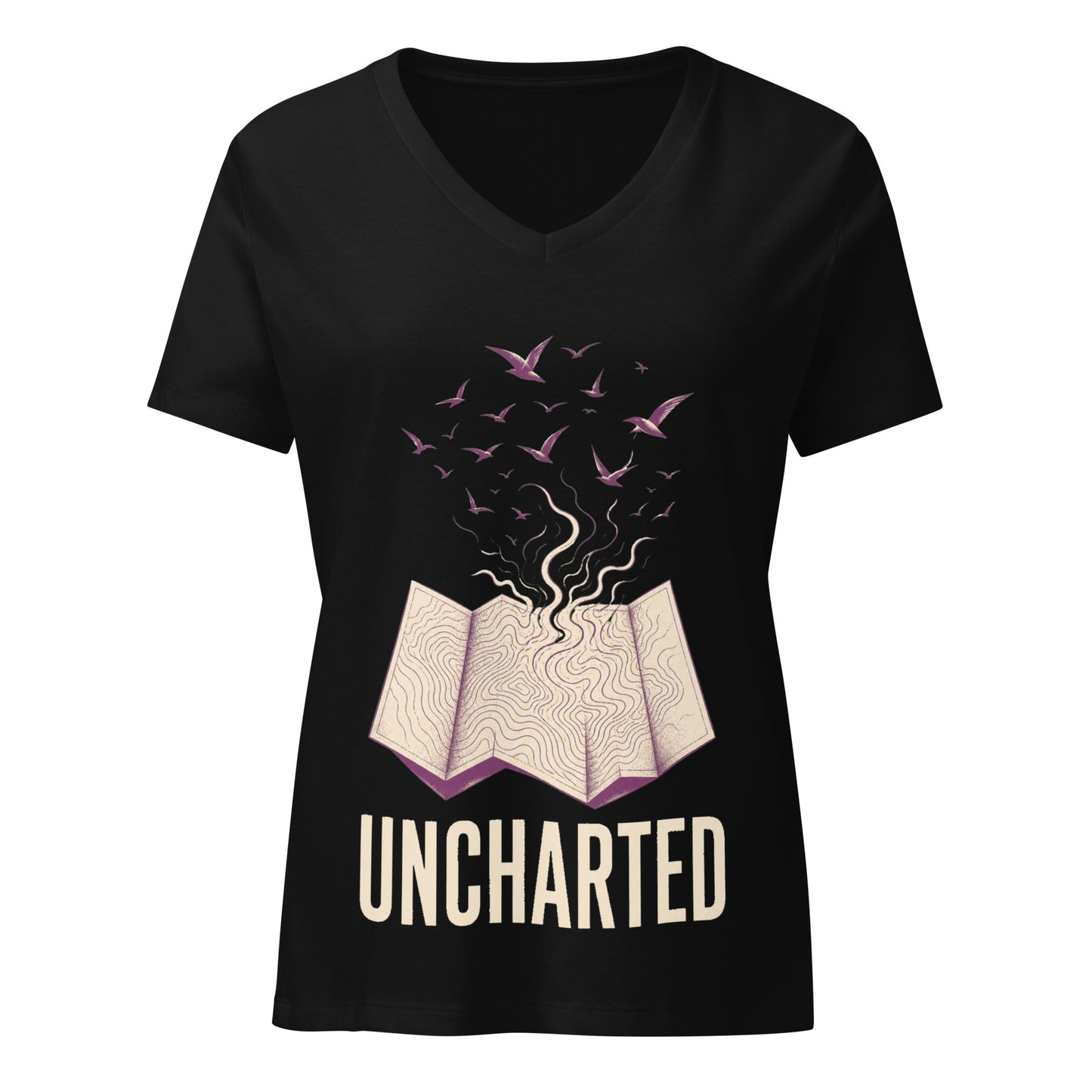 Uncharted women's v-neck tee in black with a cream topographic map opening and purple birds rising from it above the word UNCHARTED