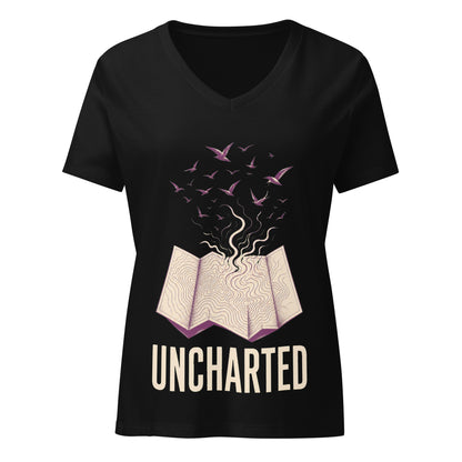 Uncharted women's v-neck tee in black with a cream topographic map opening and purple birds rising from it above the word UNCHARTED